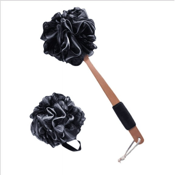 Topboutique Shower Sponge Loofah Back Scrubber, PE Soft Mesh Loofah Body Scrubber with Long Wooden Handle, Bath Sponge for Men Women (Black)