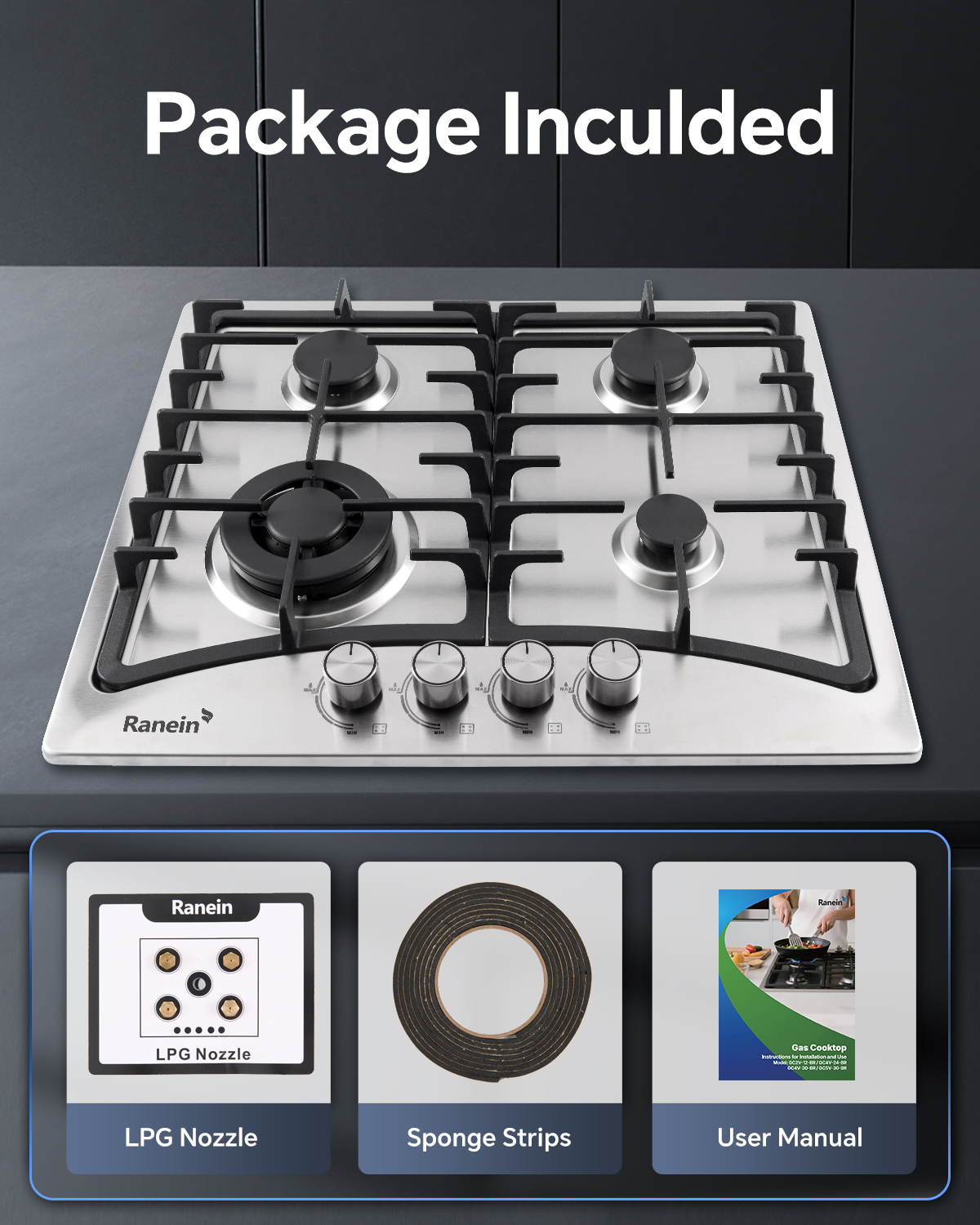 24-Inch 4 Burner Gas Cooktop Stove Top, Built-In Gas Stove, 304 Stainless Steel Panel, NG & LPG Convertible, Compact Cooking Stove for Apartment, Indoor