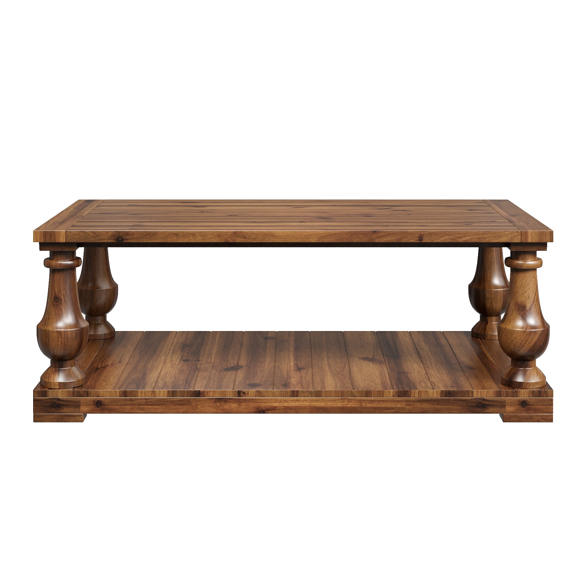 GARITIN Farmhouse Coffee Table with Storage Shelf, Solid Wood Turned Legs, 2-Tier Rustic Wood Center Table for Living Room, Walnut