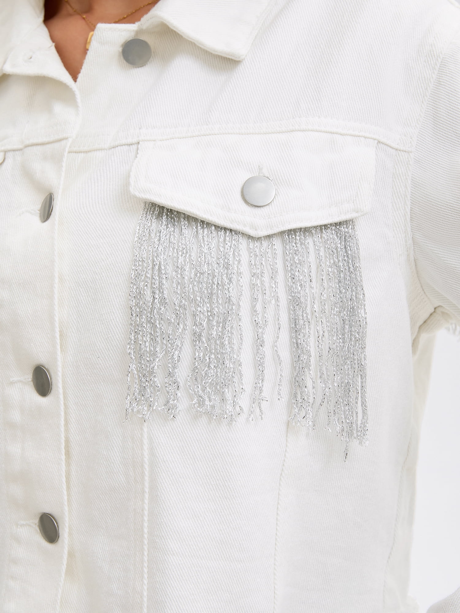 DARING DIVA Women's Cropped Jean Long Sleeve Frayed Tassel Fringe Denim Jacket L White