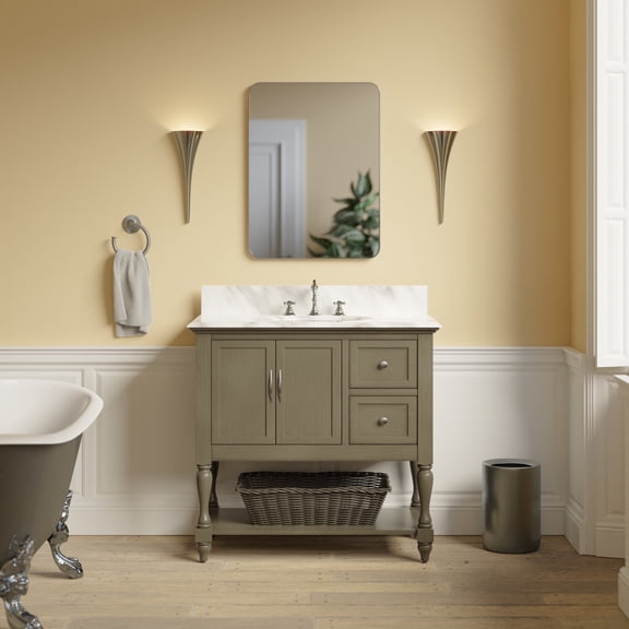 Beverly 36" Bathroom Vanity with Weathered Gray Cabinet and Carrara Marble Top