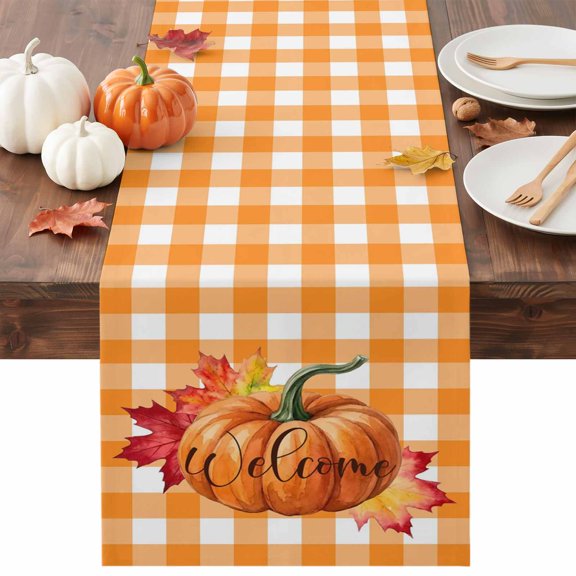 Thanksgiving Pumpkin Table Runner, Country Farmhouse Maple Leaf Orange Plaid Washable Cotton-linen Table Runners Dining Kitchen Decoration for Everyday Home Wedding Party Decor, 13 x 36 Inch