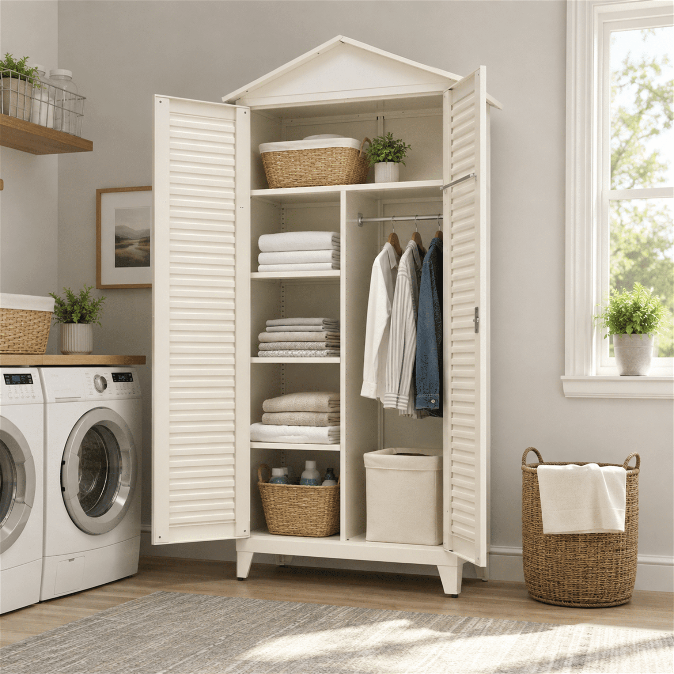 Homy Casa 79" Garage Cabinet, Pegboard, Adjustable Shelves, Locking Louvered Doors, Cream White
