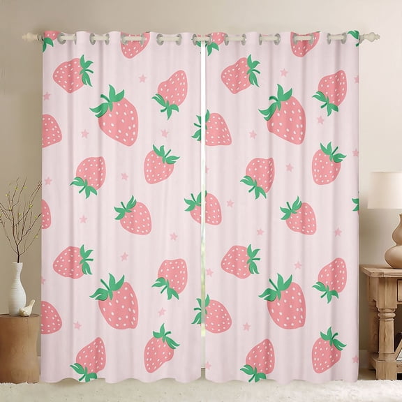 Feelyou Girly Pink Strawberry Black Out Curtains, Kawaii Stars Print Curtains Pack of 2 (42x63 Each), Teens Kids Girls Women Bedroom Curtains, Blackout Curtains Room Decor