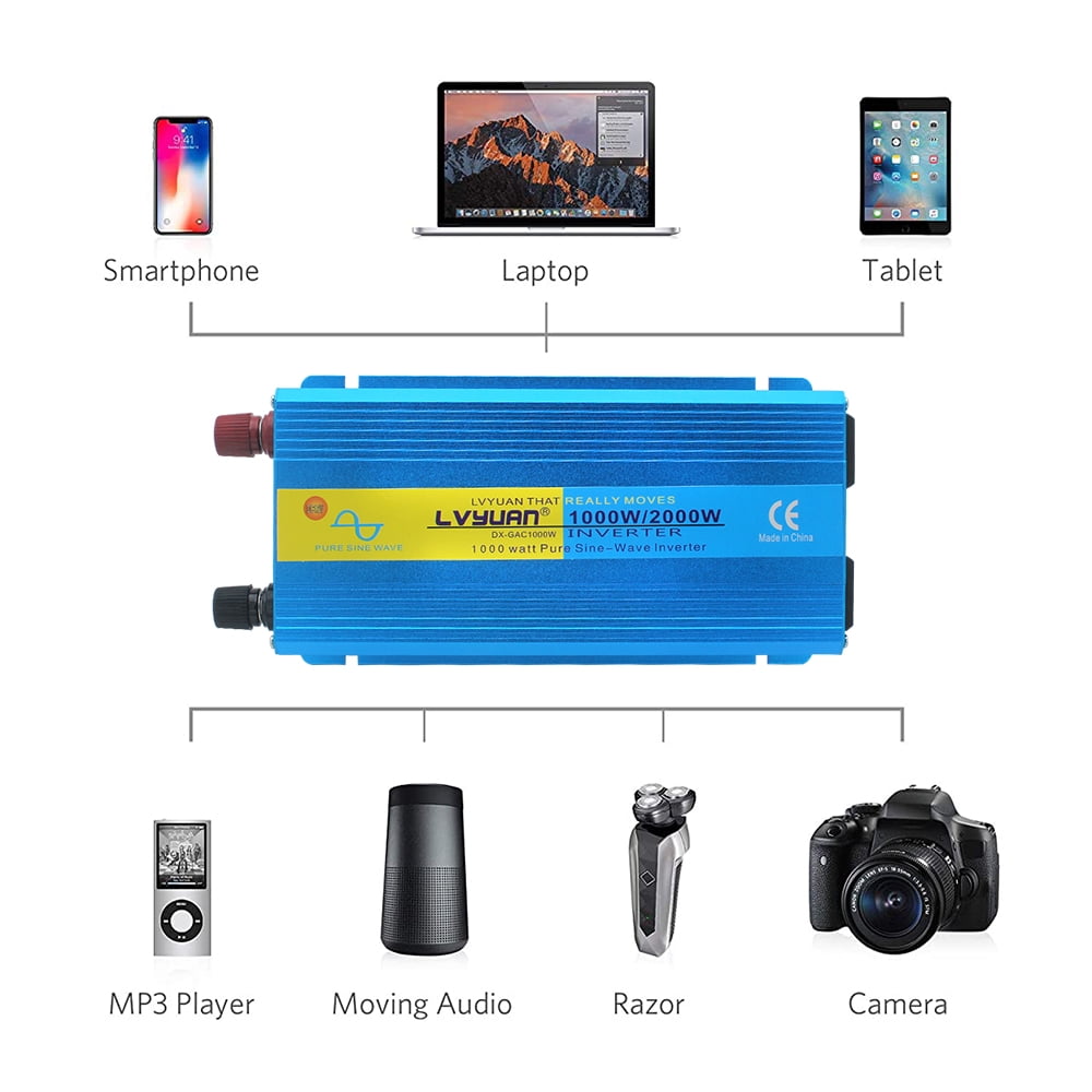 Yinleader 1000 Watt Pure Sine Wave Power Inverter 12V to 110V DC to AC Converter with 2 USB Ports and 2 AC