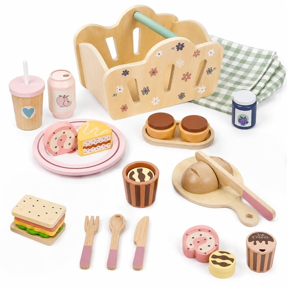 Maspost Wooden Play Food Set for Kids, Picnic Pretend Play Kitchen Toys with Storage Basket, Food and Accessories, Ages 3