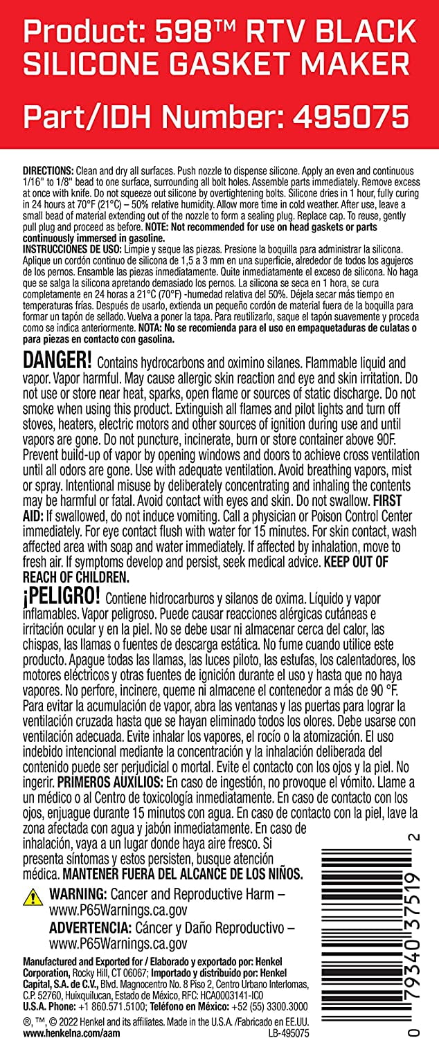 Henkel  RTV 598 Black High Performance Silicone 8.75oz