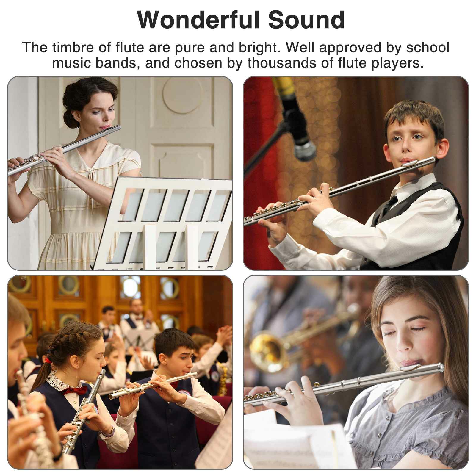 POGOLAB Open Hole C Flute Silver Plated 16 Keys Flute Instrument for Beginner Advanced Player Student Flute with Case Strap Probe Rod Gloves Grease Adjustment Screwdriver Cleaning Kit