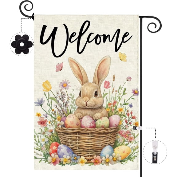 Easter Bunny House Flag 12.5x18 Inch Double Sided Outside,Easter Eggs Basket Spring Tulip Flowers Welcome Flag Yard Holiday Outdoor Farmhouse Decoration
