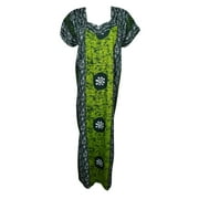 Mogul Womens Maxi Caftan Nightwear Batik Print Short Sleeve Green Sleepwear Nightgown Cotton House Dress