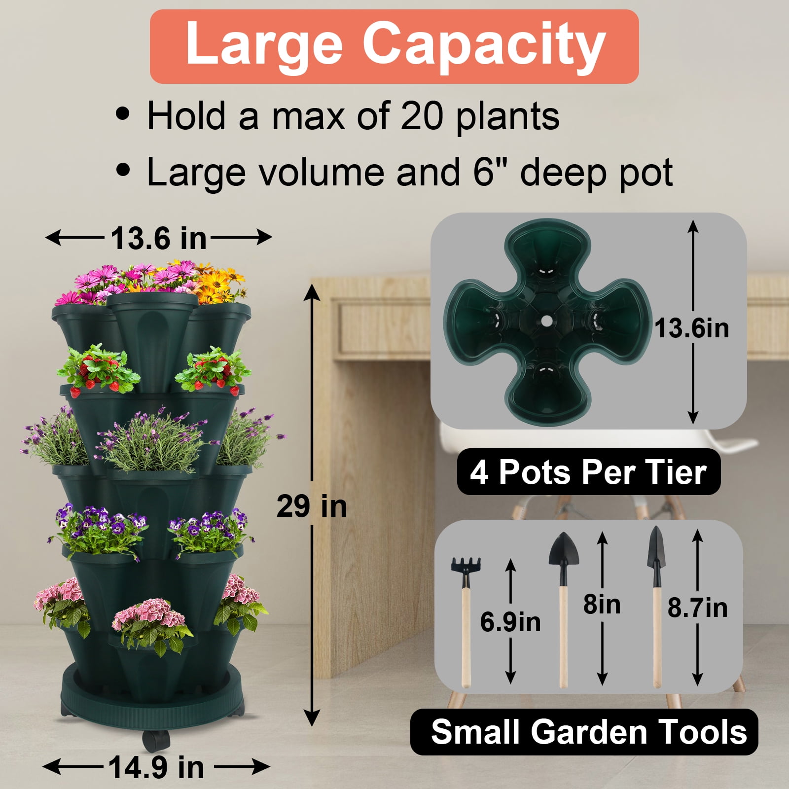Gamexcel 5 Tier Stackable Tower Planter for Strawberry, Herb, Flower, and Vegetable - Vertical Garden Indoor/Outdoor Planter,Pine Green