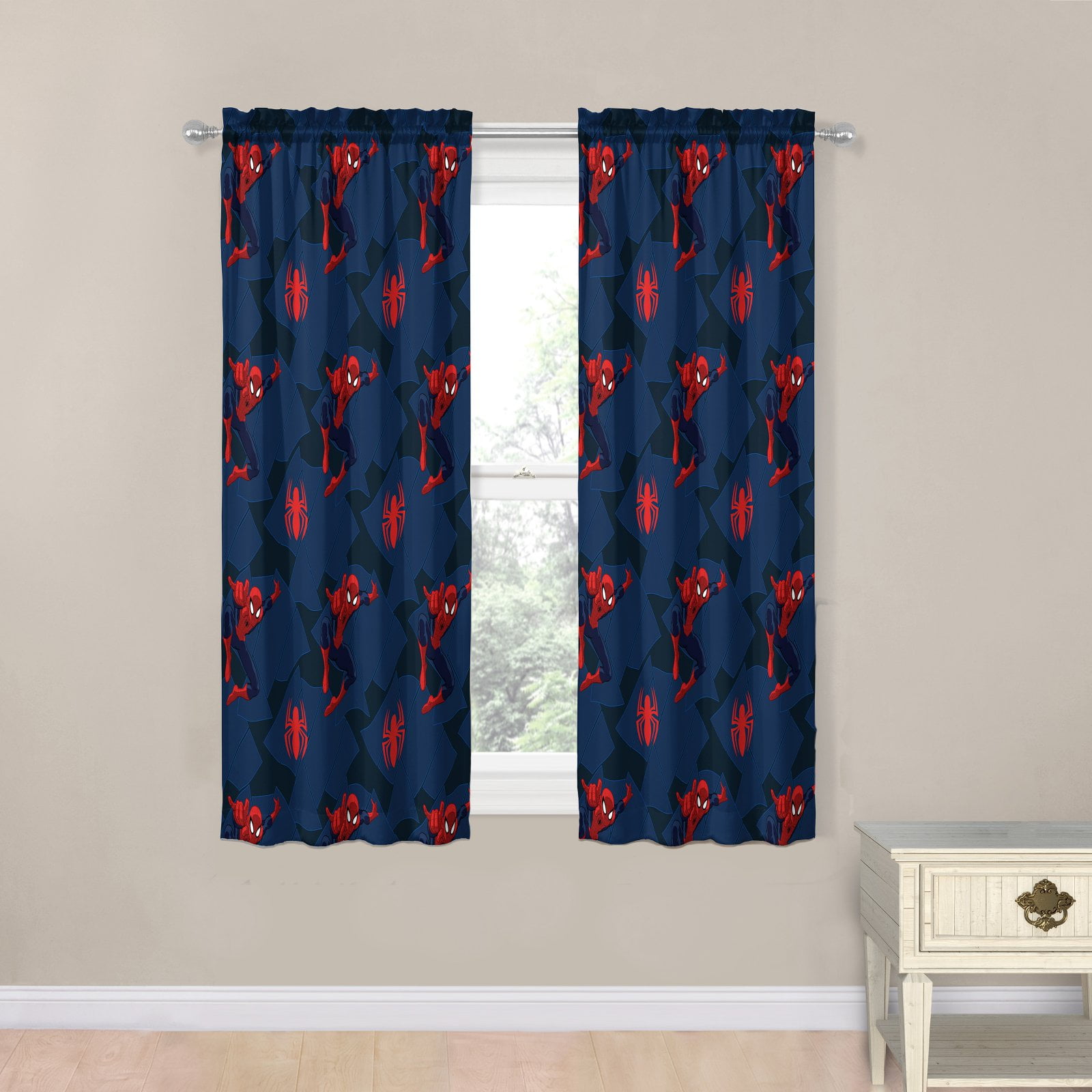 Marvel Spider-Man Classic Saving The Day 63" Curtain Set, 100% Microfiber, Blue
