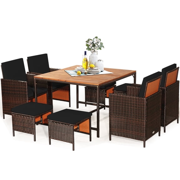Gymax Set Of 9 Patio Rattan Dining Set Cushioned Chairs Ottoman Wood Table Top Black