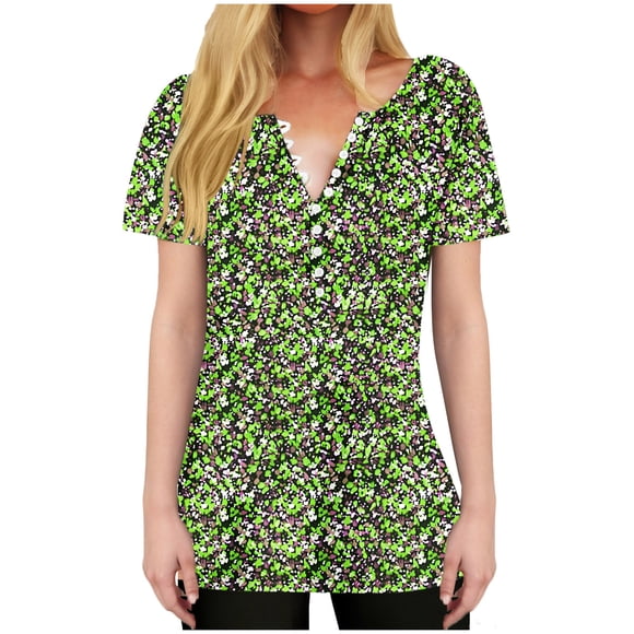Tnhcen Women's Summer Floral Print V-Neck Button-Up Shirts - Short Sleeve Casual Daily Tops | Plus Size Friendly S-3XL | Versatile Floral Tops for Women