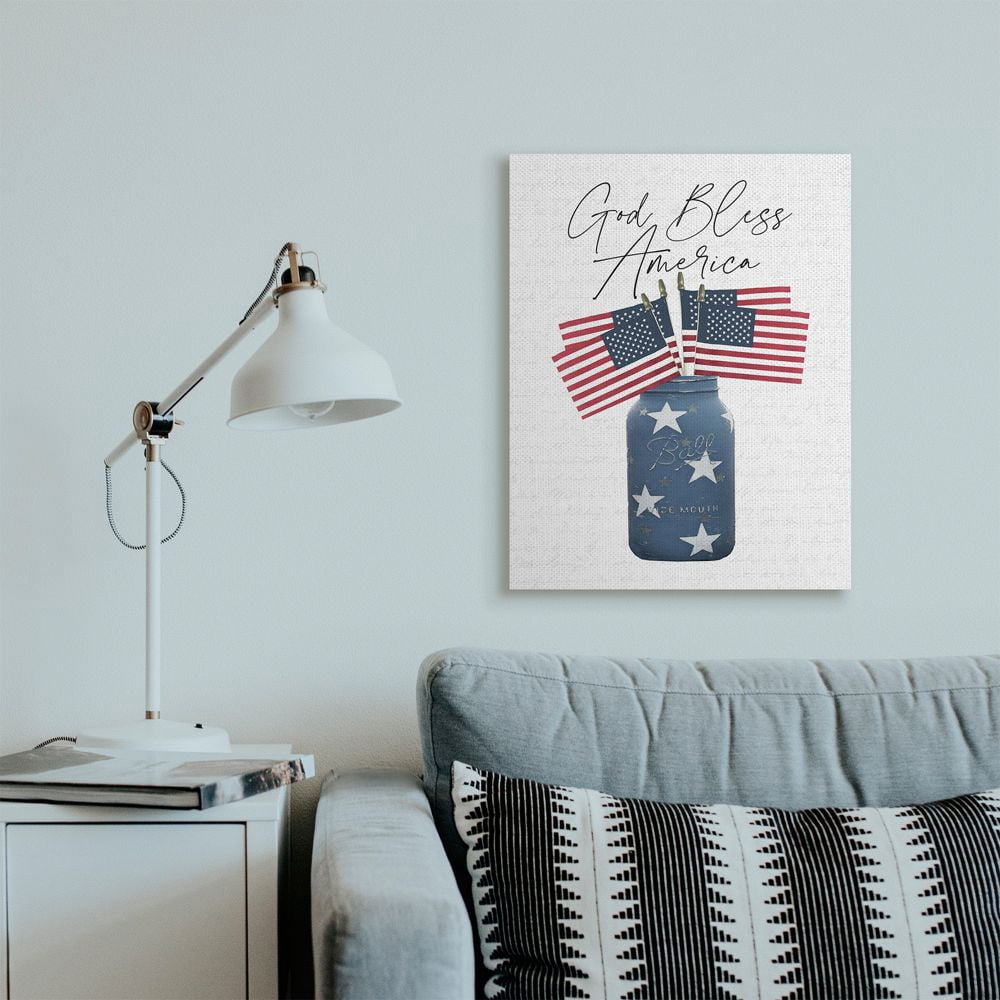 Stupell Industries Patriotic God Bless America Country Quote Jar Flags Canvas Wall Art Design by Lettered and Lined, 24" x 30"