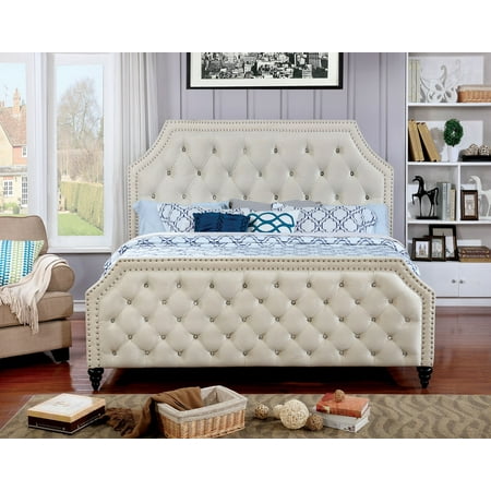 Crystal Like - Classic Contemporary Beautiful Gorgeous Queen Size Bed Beige Fabric Nailhead Trim Crystal Like Acrylic Button Tufted HB FB Bedroom Furniture