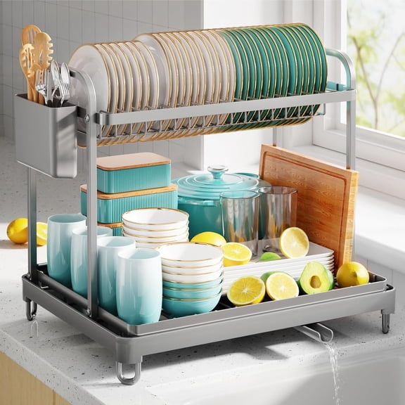Dish Drying Rack - Stainless Steel Dish Rack for Kitchen Counter, 2-Tier Kitchen Organizers and Storage Rack with Drainboard and Cutlery Holder, Large, Black
