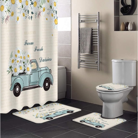 FMSHPON Truck Daisy Flower 4 Piece Bathroom Set Shower Curtain Bath Rug Contour Mat and Toilet Lid Cover