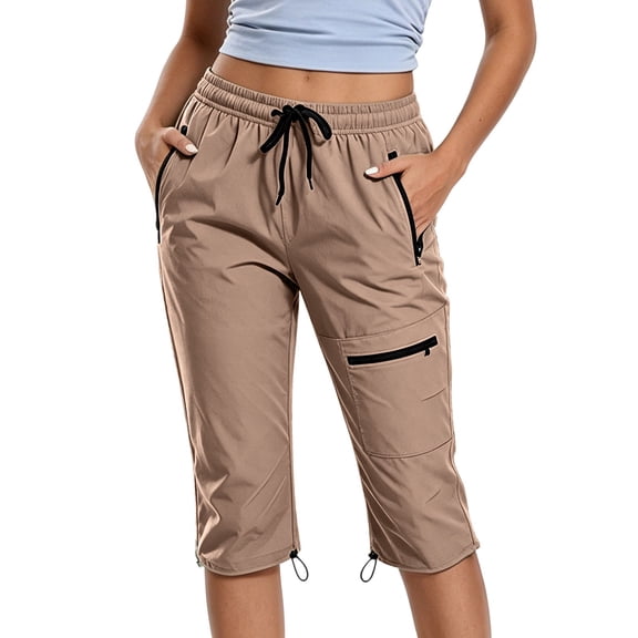 Guluxicc Womens Hiking Cargo Capri Pants Elastic Waist Lightweight Trousers with Zipper Pockets Womens Summer Outdoor Workout