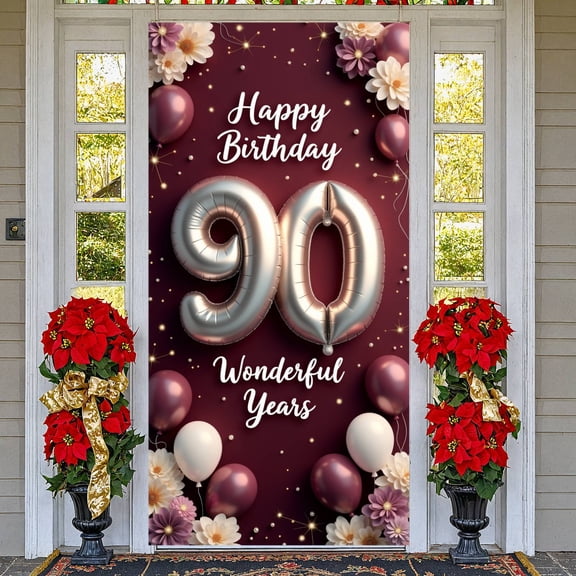 Wine Red 90th Birthday Banner Metallic Number Birthday Backdrop Floral Decoration Sparkling Accents Milestone Background for 90th Birthday Party Senior Celebration Family Gathering