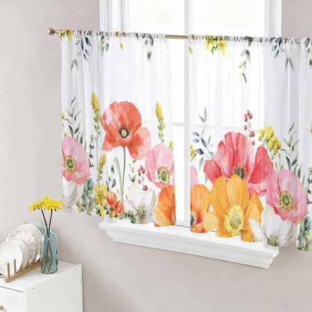 Pink Yellow Floral Semi Sheer Curtains 54 Inch Length 2 Panels Set Spring Flowers Elegant Botanical Sheer Kitchen Curtain Privacy Voile Window Curtain for Living Room Bedroom Rod Pocket Drapes