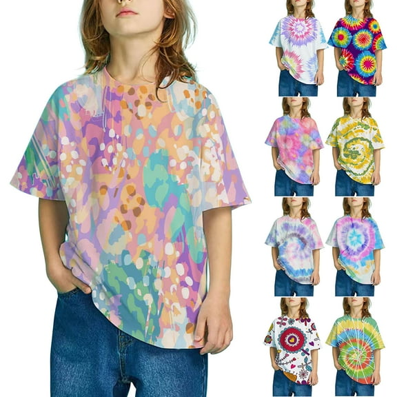 Sentmoon Tops for Girl Girls Shirts Tunic Crew Neck Kids Clothes Loose Fit Short Sleeve Casual Gradient Oversized Breathable Tee Tops Multicolor 10 Years