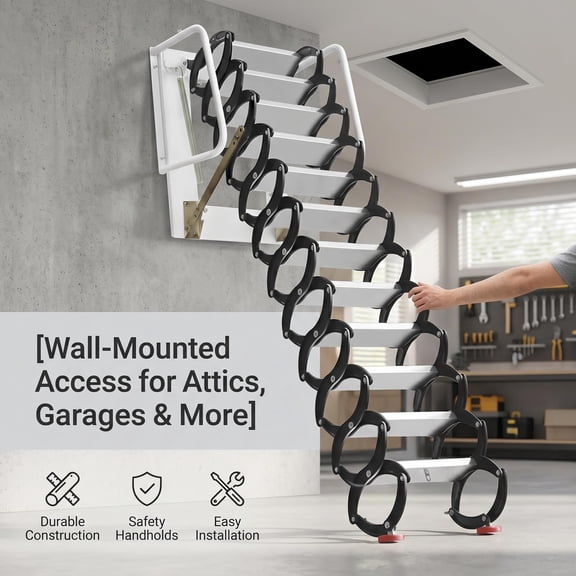 Space-Saving Attic Ladder, Wall-Mounted Attic Ladder for Attics, Garages, Basements, Warehouses, Aluminum Alloy Attic Ladder with Secure Grip Attic Stair