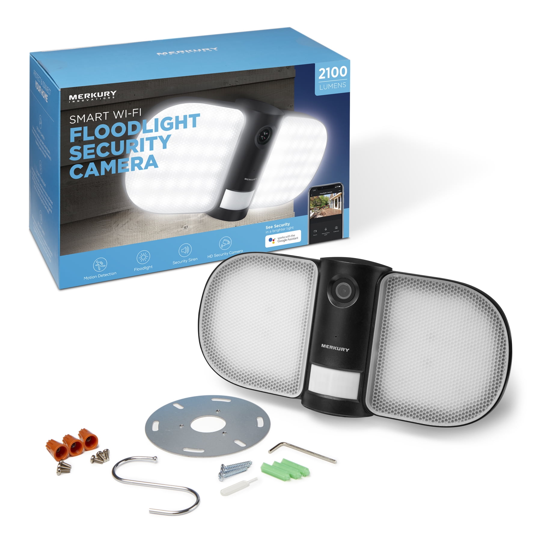 Merkury Innovations Smart Floodlight 1080p Camera, Requires 2.4 GHZ Wi-Fi