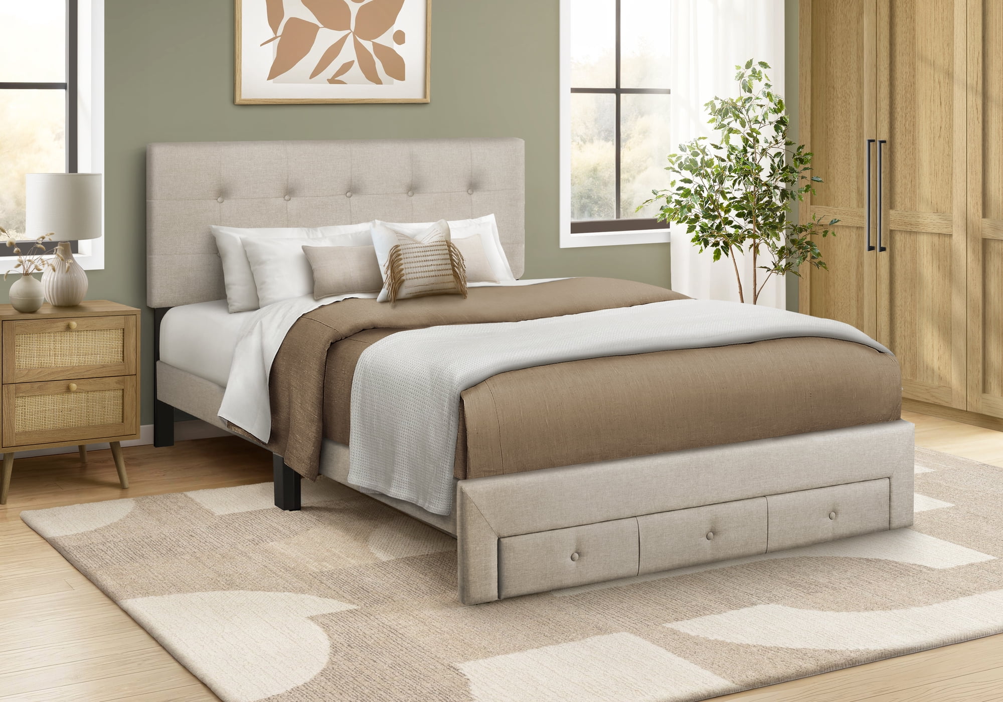 Monarch Specialties - I 5901Q Bed, Queen Size, Upholstered, Frame Only, Bedroom, Beige Linen Look
