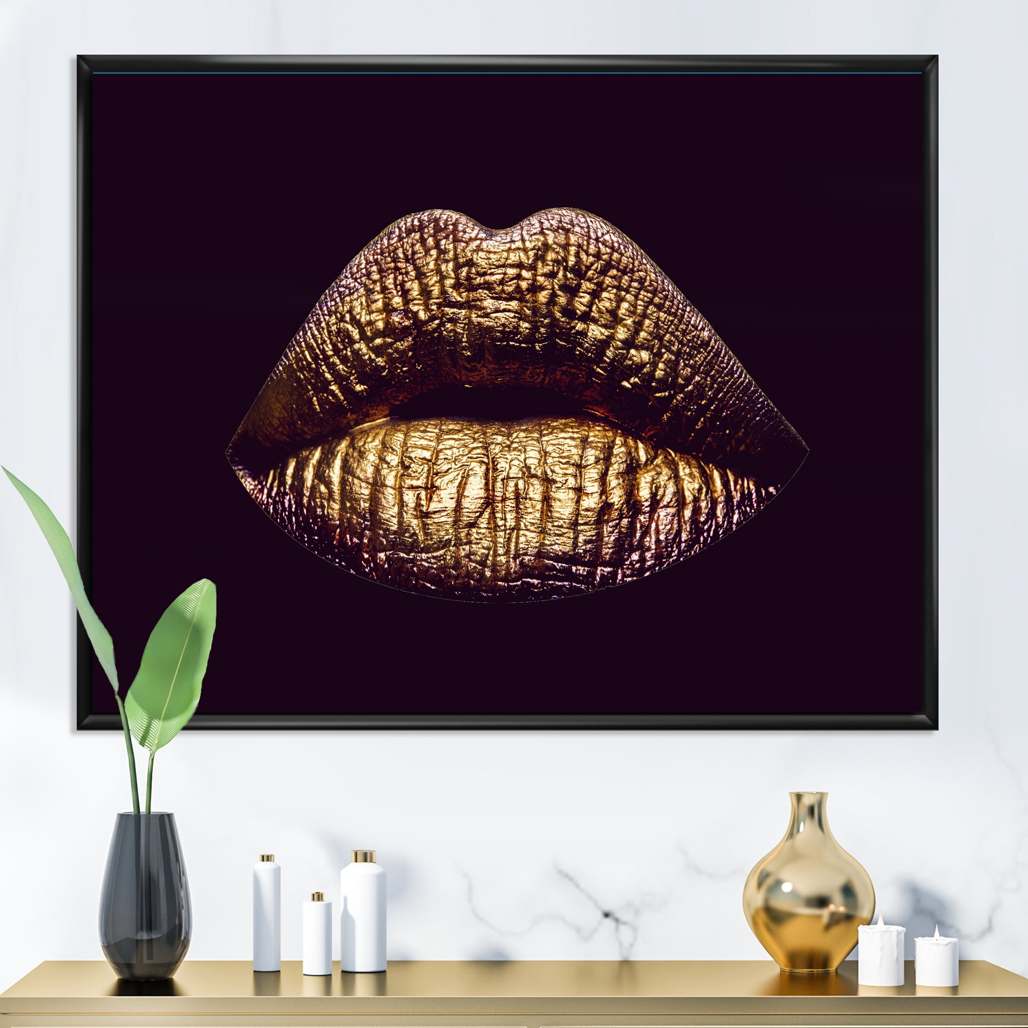 Designart 'Sexy Golden Metallized Woman Lips II' Modern Framed Canvas Wall Art Print