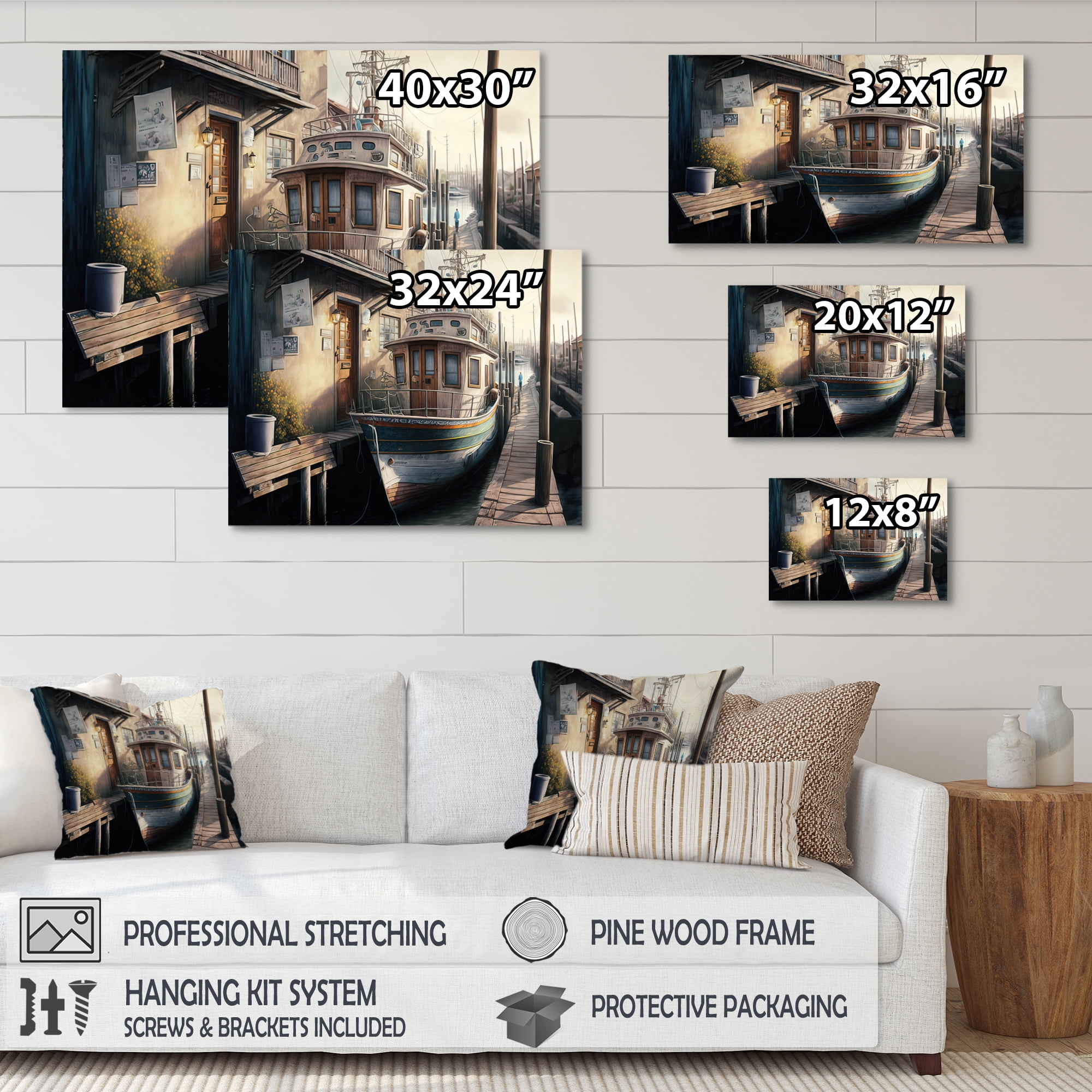 Designart Rustic Port With A Fishing Boat IV Canvas Wall Art