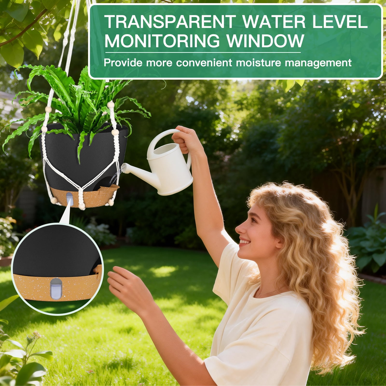 FIASON 2 Pack 10 Inch Matte Black Self-Watering Hanging Planters, Indoor Outdoor Flower Pots with Visual Water Reservoir, Drainage Holes & 2 Types of Plant Hangers for Garden Home Decor