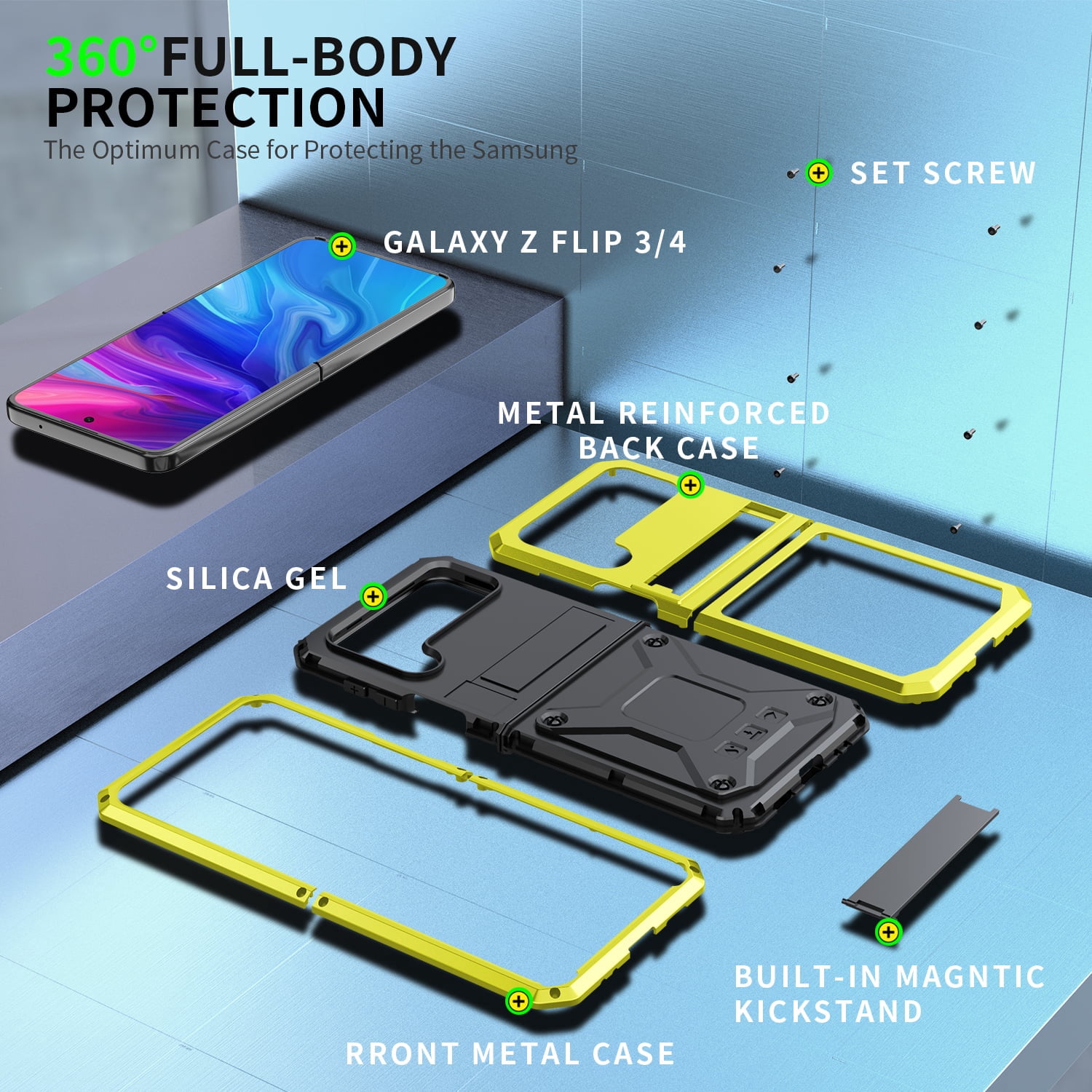 ELEHOLD for Samsung Galaxy Z Flip 4/3 6.7" Case, Heavy Duty Armor Built-in Explosion-Proof Tempered Glass Screen Protector Wireless Charging Hang Rope Hidden Kickstand Shockproof Rugged Case,Yellow