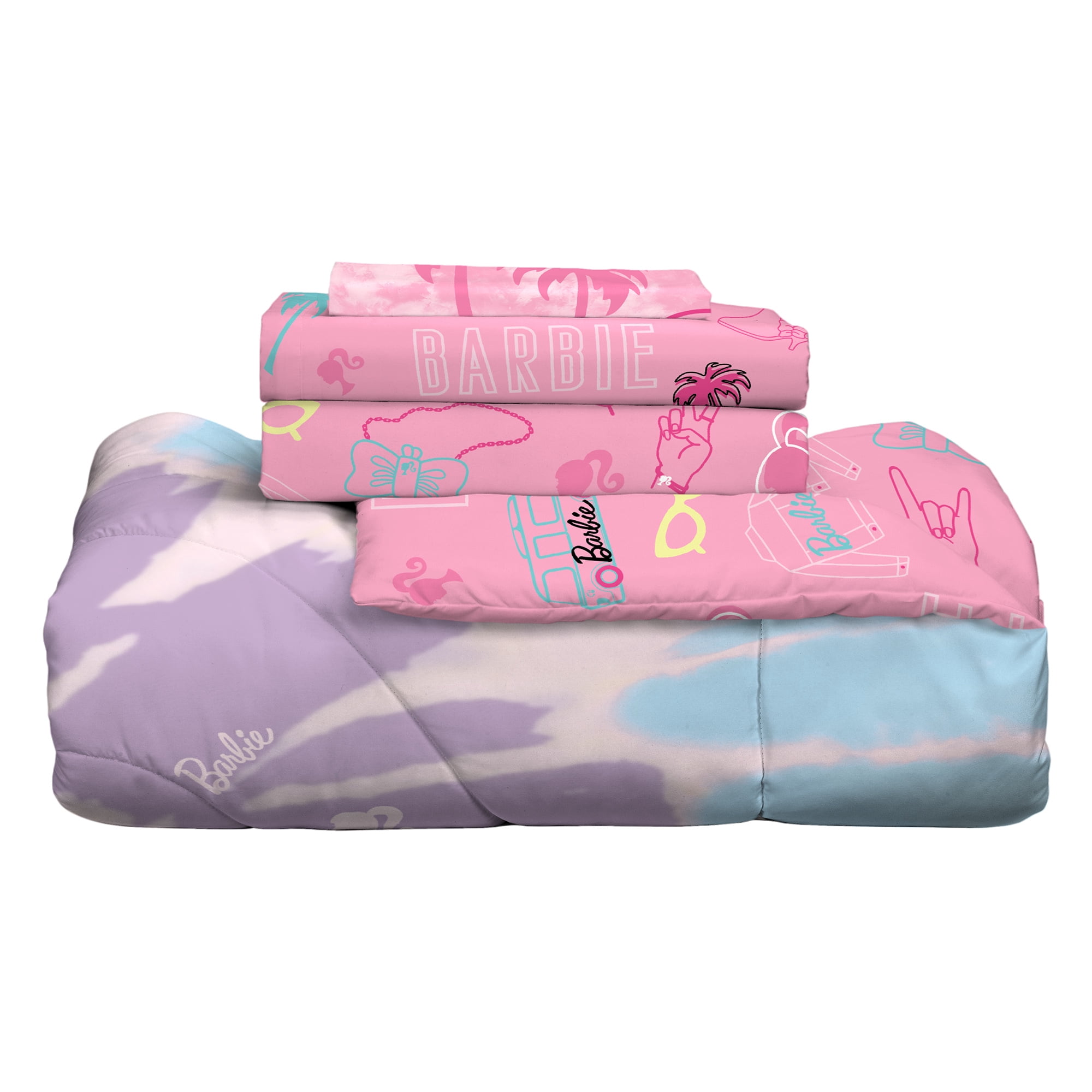 Barbie Kids 4 Piece Pink Tie Dye Reversible Comforter, Bed in a Bag, Twin
