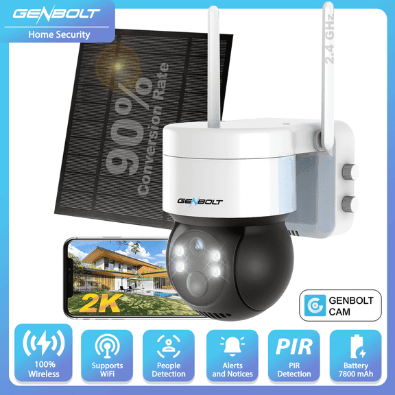 GENBOLT 2K Solar Security Camera Outdoor Wireless, WiFi Home Surveillance CCTV Camera Systems, Battery Powered PTZ IP Camera with PIR Detection, Color Night Vision, Two Way Audio