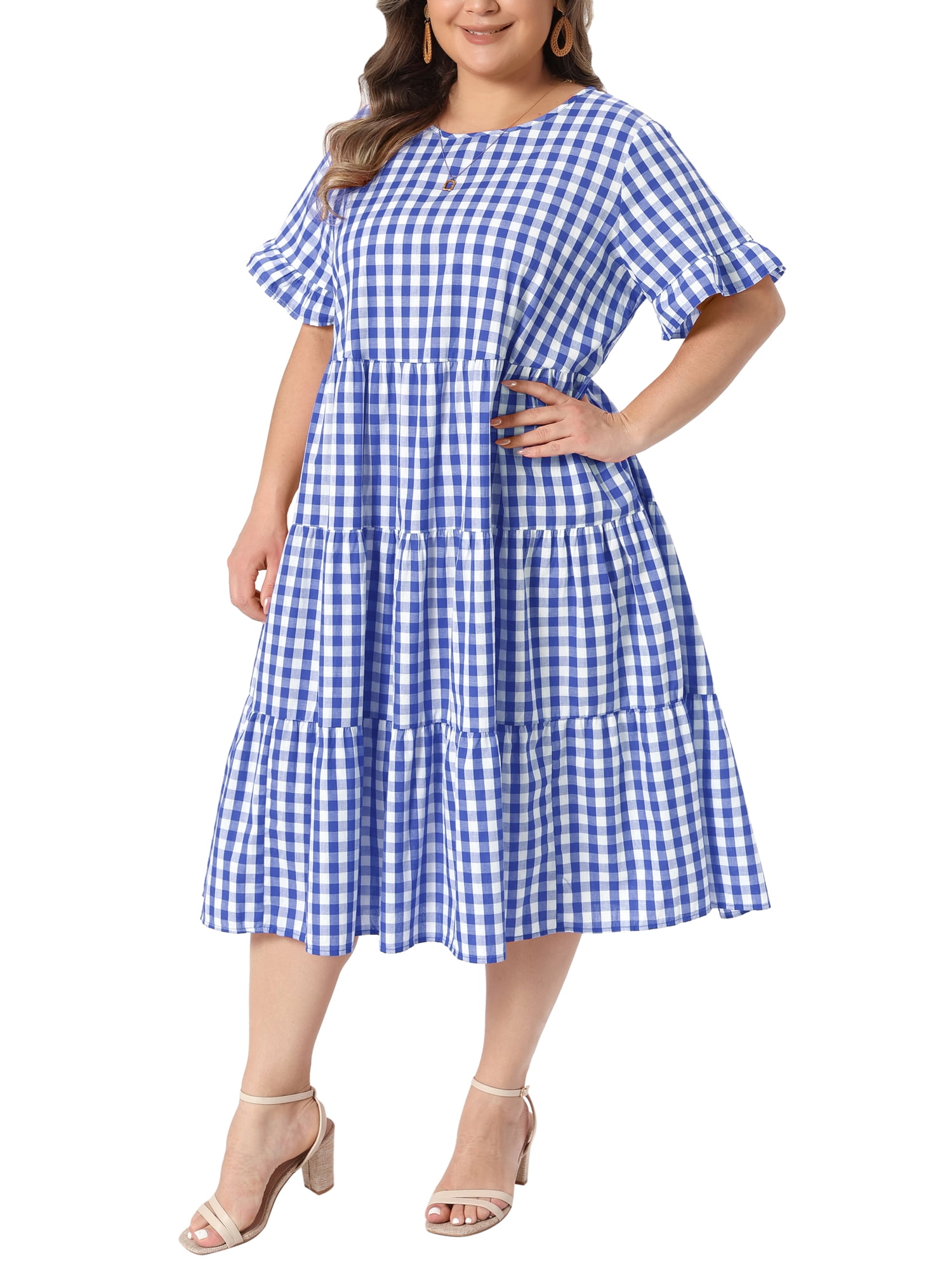 DARING DIVA Women's Plus Gingham Plaid Round Neck Dress 2X Dark Blue