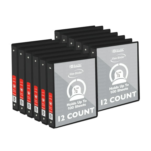 BAZIC 3 Ring Binder 1/2" Economy View Binders Black, Hold 100 Sheets, 12-Count