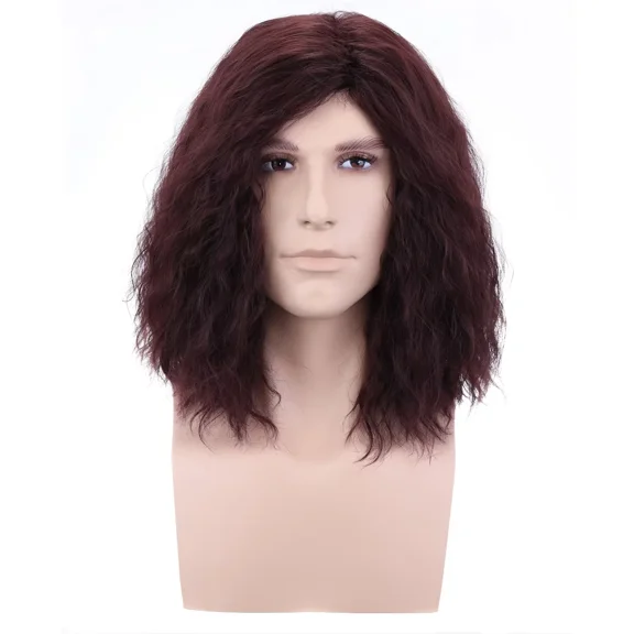 RightOn Brown Wig Middle Length Curly Wig for Men Daily Cosplay Use