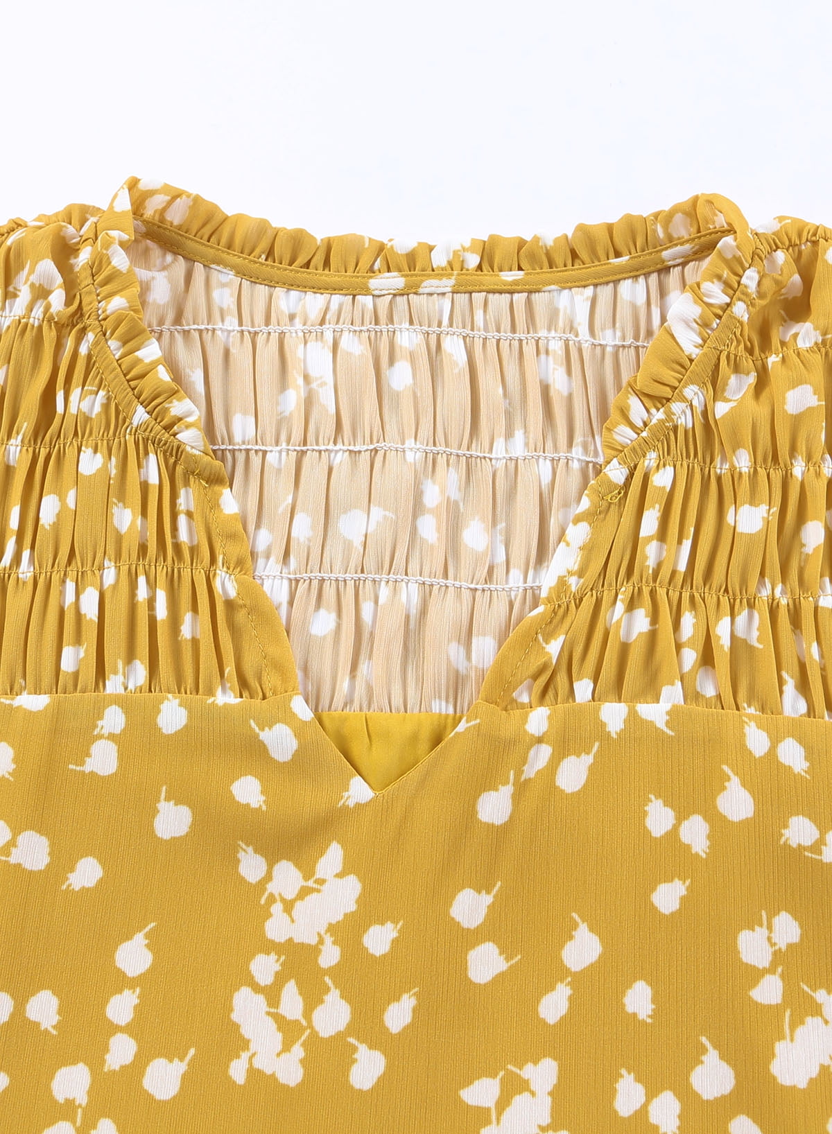 Blouses for Women Long Sleeve V Neck Smocked Tops Casual Boho Floral Print Chiffon Blouse Shirts Yellow M