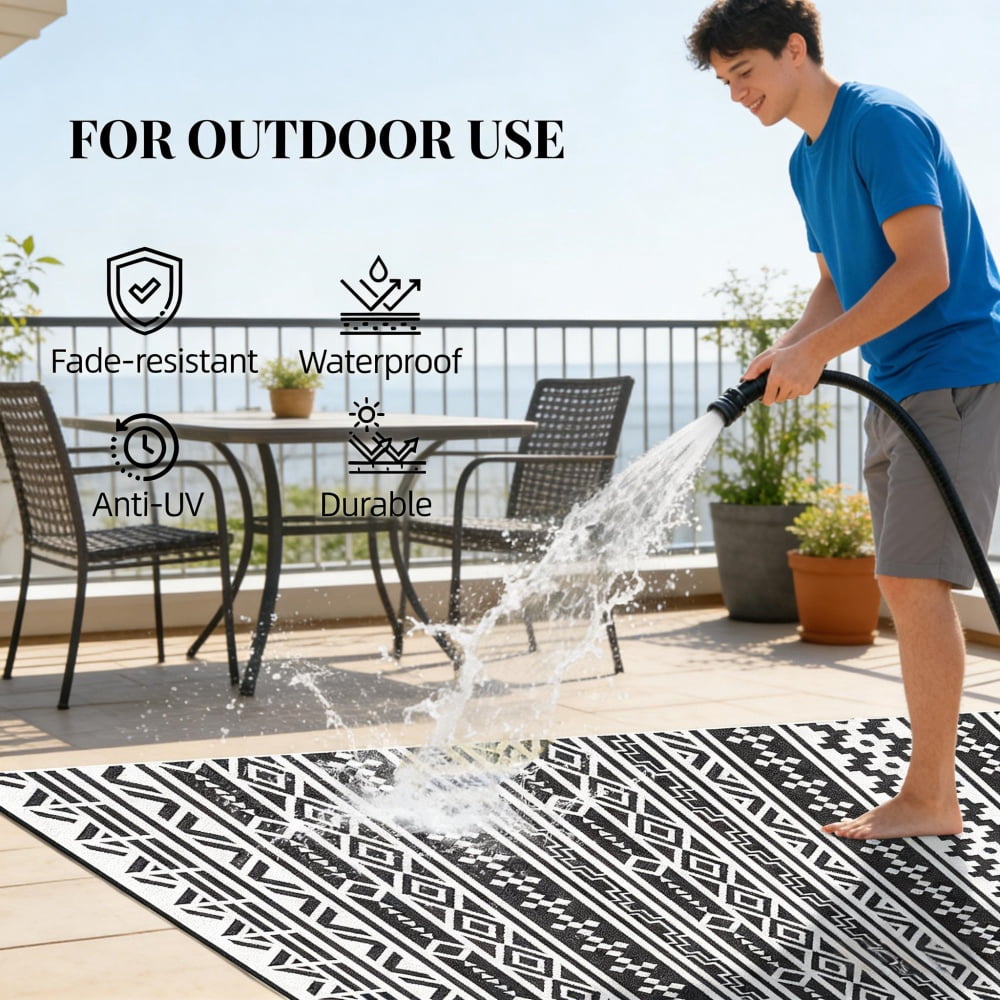 Reversible Outdoor Rug, Foldable Polypropylene Camping Picnic RV Mat with Carry Bag, Fade & Sun Resistant Waterproof Floor Mat