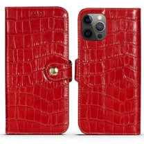 Nalacover Wallet Case for iPhone 14 Pro Max, Crocodile Texture Premium Luxury Genuine Leather Card Slots Holder Flip Folio Cover with Kickstand Magnetic Clasp Soft Silicone Shockproof Case,Red