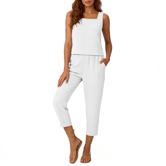 Womens 2 Piece Sleeveless Tops Sets Summer Outfits 2026 Two Piece Lounge Set Fashion Women Casual Solid 3/4 Pants Pockets Pants Suit