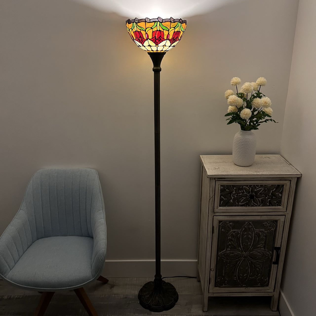 Tiffany Torch Floor Lamp Stained Glass Red Tulips LED Bulb Included 12"W*12"D*66"H