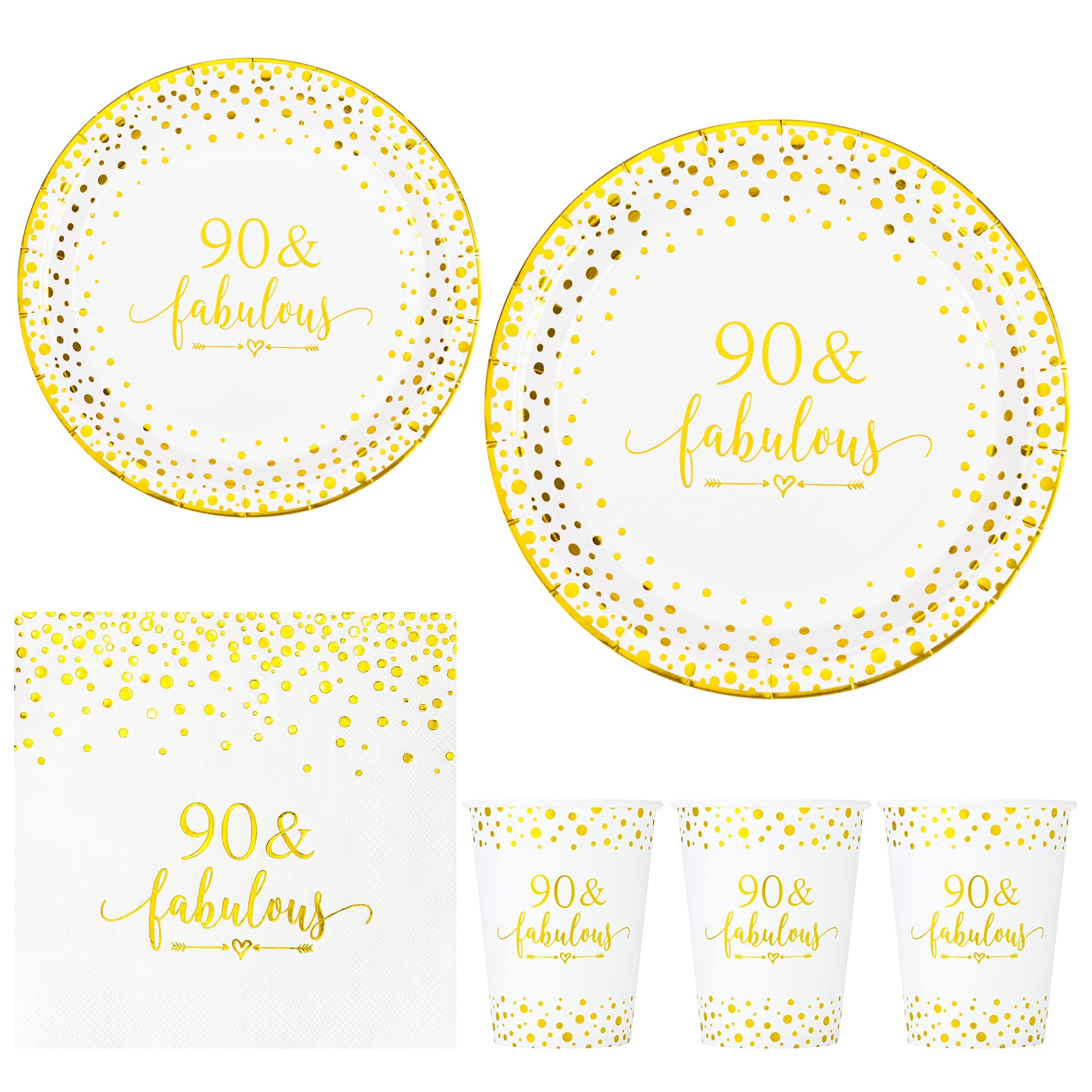 Crisky Gold Foil 90 Fabulous Napkins Plates Cups Set for Women 90th Birthday Party Decorations