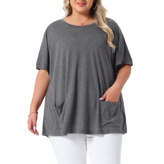 Blusa casual de mujer de talla grande Agnes Orinda, con cuello redondo, manga corta, color gris, con bolsillos, tamaño 2X