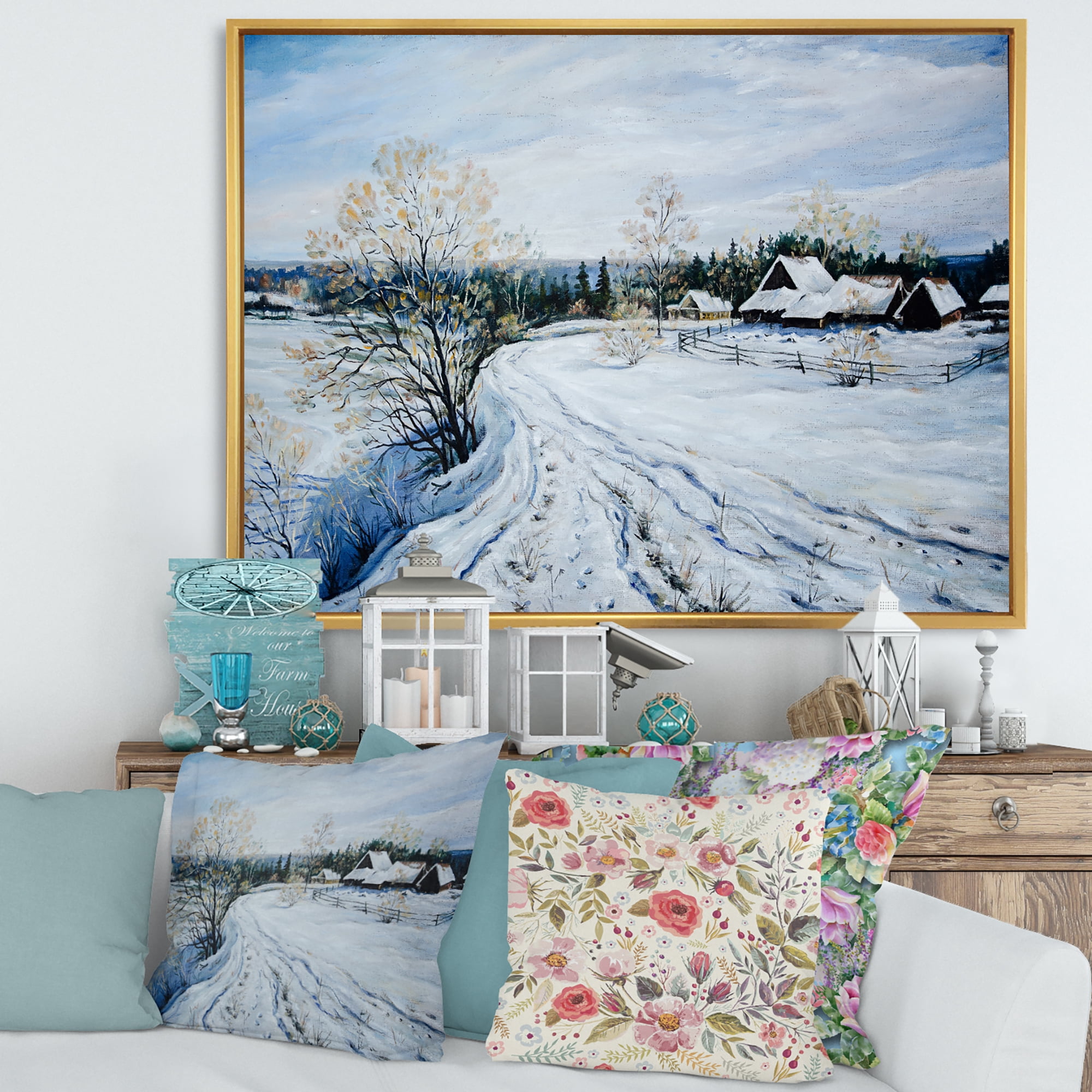 Designart 'Country Road In Winter Times Landscape II' Traditional Framed Canvas Wall Art Print