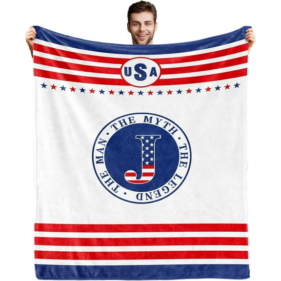 Initial J Blanket for Men,4th of July Patriotic Birthday Gifts for Him Dad, Monogrammed Anniversary USA Flag Blanket for Husband, The Man The Myth The Legend Gift Ideas 60"x 50"in