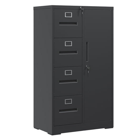 Metal Storage Vertical Filing Cabinet with Lock, Steel File Locker with 4 Drawers and 1 door for School, Living Room, Bedroom, Office (Black)