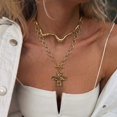 thumbnail image 4 of PISONIC 2‑Layer Irregular Gold Necklace Set,Textured Cross Pendant & Wavy Choker for Women, 4 of 8