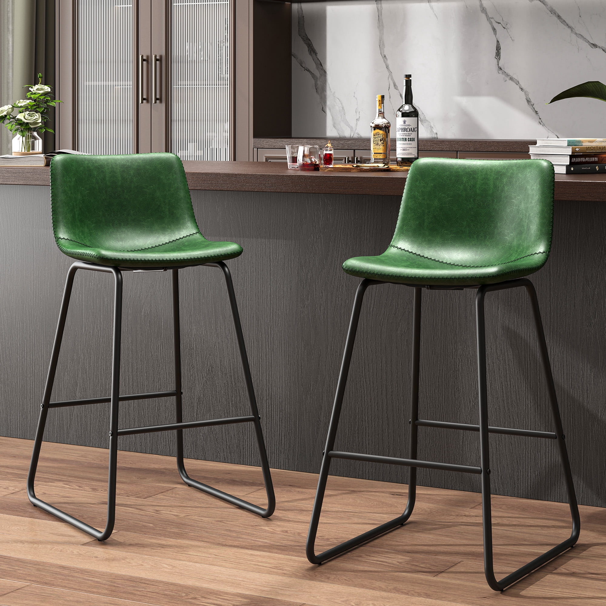 GIKPAL Bar Stools 26" Faux Leather Counter Height Barstools with Back Set of 2, Modern Counter Stools with Metal Legs and Footrest, Armless Chairs with Back for Kitchen Living Room Pub, Green